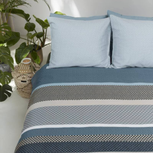 BeddingHouse Lennart Blue Luxury Striped King Size Duvet Set - 100% Washed Cotton Sateen T-220 | Egyptian Cotton-Inspired Bedding with Flat Sheet & Pillowcases